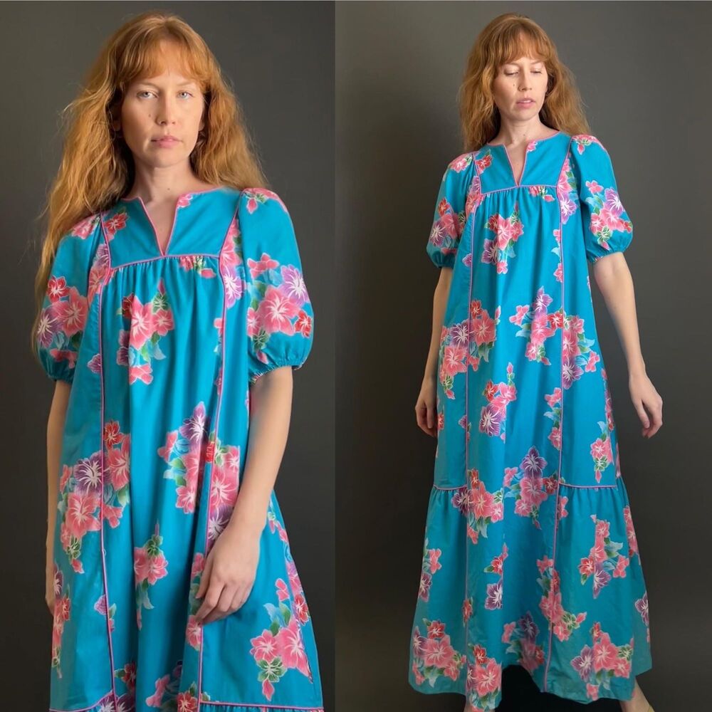 Vintage 1980s Hawaiian Print Puff Sleeve Maxi Dress, Medium